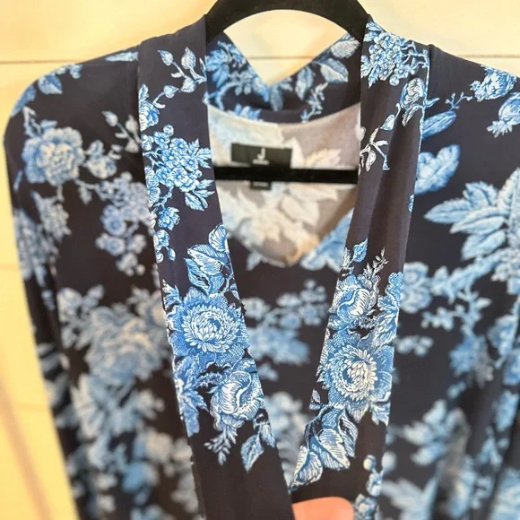 JASON WU L Jersey knit tie navy floral stretch shabby chic business casual top - Picture 4 of 12